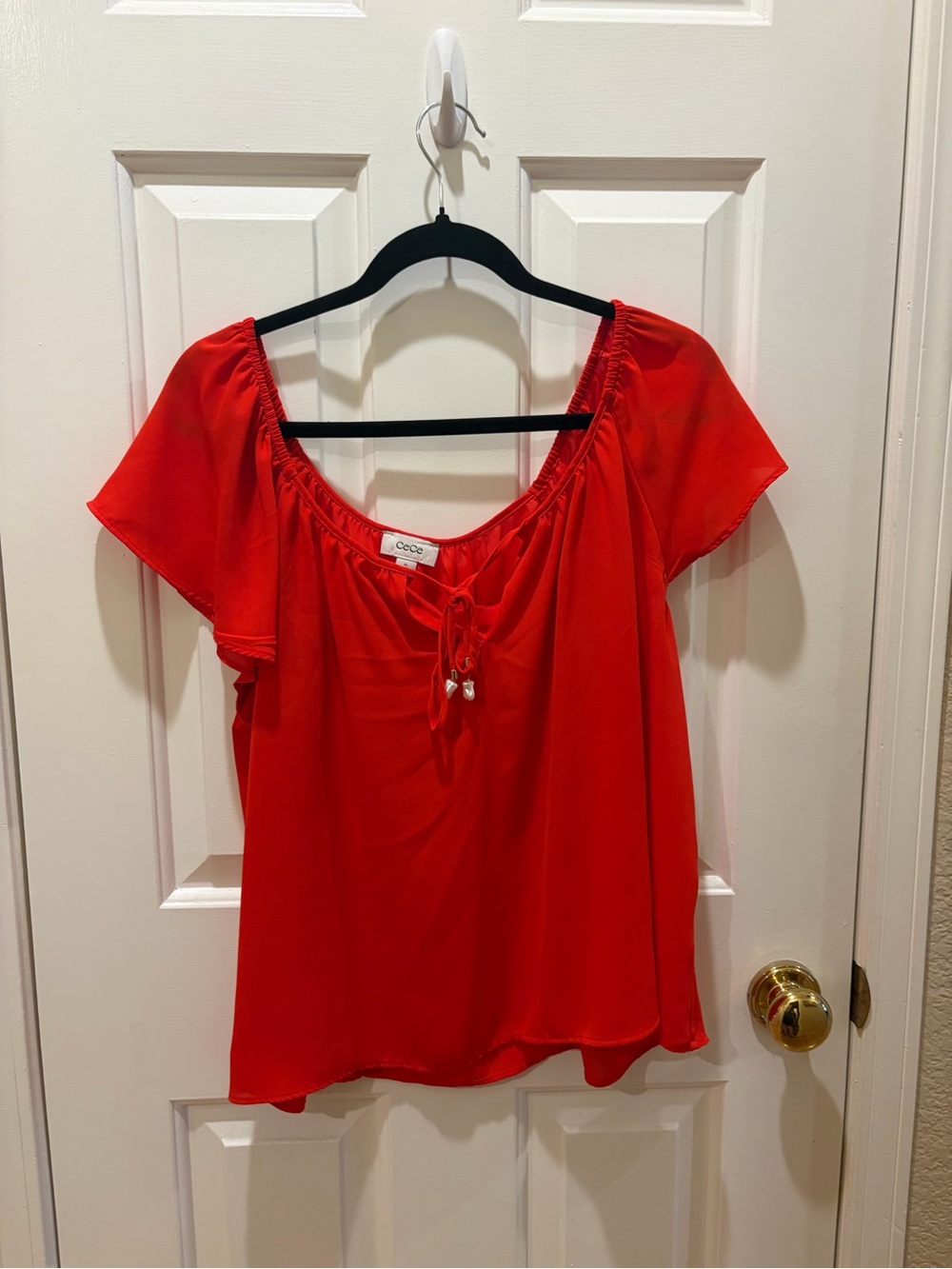 CeCe Bright Red Tie-Front Peasant Blouse